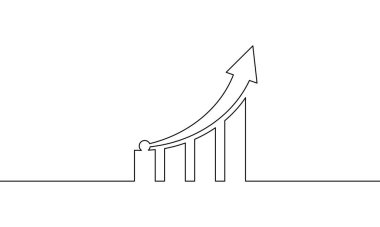 Aralıksız bir çizgi çizerek ok yukarı. İş büyütme ikonu. Bar grafiğinin illüstrasyon vektörü. Artan ok işareti sembolünün tek satır sanatı