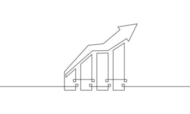 Aralıksız grafik ve ok çizimleri. İşletme büyüme ikonunun sembolü. Artan ishal ilüzyon vektörü. Bar çizelgesinin tek satır sanatı. Nesne bir çizgi