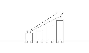 Aralıksız bir grafik çizimi. Tek çizgi sanatında oku yükseltiyorum. Bar grafiğinin illüstrasyon vektörü. İş büyüme simgesi