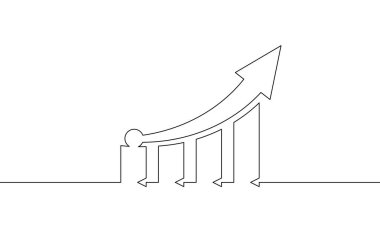 Artan okun aralıksız bir çizgi çizimi. Grafik işi büyümesinin illüstrasyon vektörü. Bar grafik simgesinin tek satır sanatı. işaret sembolü