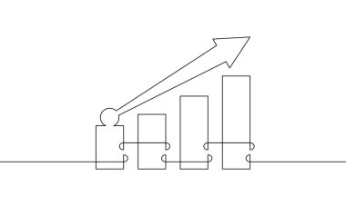 Grafik simgesinin sürekli çizimi. Artan okun çizelge çizelgesi ile illüstrasyon vektörü. Tek satır iş büyümesi işareti sanatı