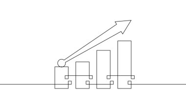 Grafik çizgisi sanatının aralıksız çizimi. Artan okun illüstrasyon vektörü. İş büyümesi tek hat. Bir satır çubuk çizelgesi