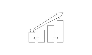 Sürekli bir çizgi çizimi. İş büyütme ikonu. Artan okun tek çizgi sanatı. Bar grafiğinin illüstrasyon vektörü. İşaret sembolü