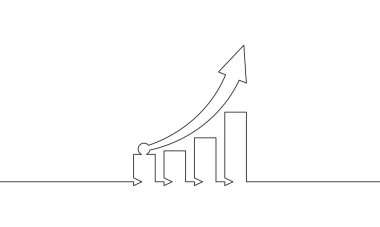 Aralıksız bir çizgi çizen grafik işletme büyüme ikonu. Okun işaret sembolünü yükseltiyorum. Bar çizelgesinin tek satır sanatı. Görüntü vektörü