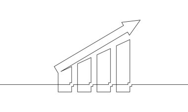 Sürekli bir çizgi çizimi. İş büyüme simgesi simgesi. Oku çubuk grafiğiyle yükseltiyorum. Tek sıra sanat. Vektör illüstrasyonu