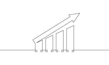 Grafiğin sürekli çizimi. Bar grafiğinin illüstrasyon vektörü. Okun işaret sembolünü yükseltiyorum. İş büyütme ikonu sanatı. Nesne bir çizgi
