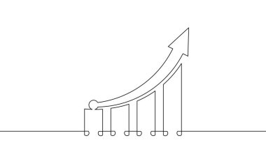Grafik simgesinin sürekli çizimi. İş büyütme ikonu. İşaret işaretinin ok gösterim vektörü. Bar çizelgesinin tek satır sanatı. Nesne bir çizgi