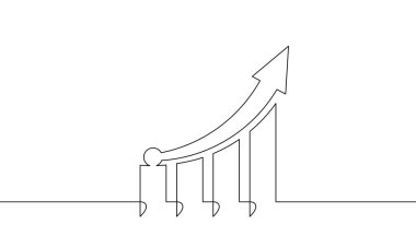 Grafik işareti sembolünün sürekli bir çizgi çizimi. Oku ikona yükseltiyorum. Bar grafiğinin illüstrasyon vektörü. Tek sıra iş büyümesi sanatı