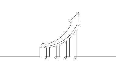 Çubuk çizelgesinin sürekli çizimi. Grafik işareti sembolünün tek çizgi sanatı. Artan okun illüstrasyon vektörü. Bir satırlık iş büyüme simgesi