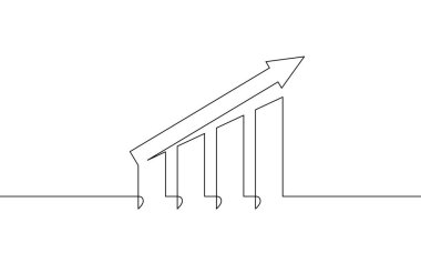 Grafik işareti sembolünün sürekli bir çizgi çizimi. İş büyütme ikonu. Bar grafiğinin illüstrasyon vektörü. Artan okun tek satır sanatı
