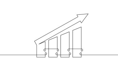 Sürekli bir çizgi çizimi. Artan okun düz simgesi. Bar grafiğinin illüstrasyon vektörü. Tek sıra iş büyümesi sanatı