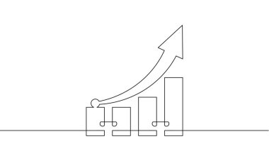 Grafiğin sürekli çizimi. Artan okun illüstrasyon vektörü. Bar çizelgesinin tek satır sanatı. Tek sıra iş büyümesine itiraz ediyorum. Düz simge işareti sembolü