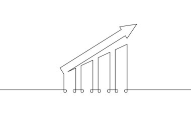 Grafiğin sürekli çizimi. Artan okun düz simgesi. Bar grafiğinin illüstrasyon vektörü. Tek sıra iş büyütme sanatı. İşaret sembolünün bir satırına itiraz et