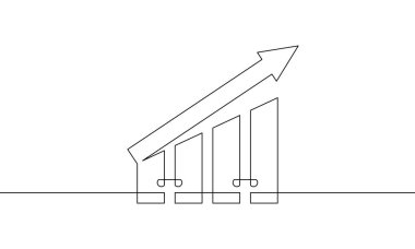 Artan okun sürekli çizgi çizimi. Grafiğin çizim vektörü. Bar tablosunun düz simgesi. Tek sıra iş büyütme sanatı. İşaret sembolünün bir satırına itiraz et