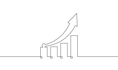 Sürekli bir çizgi çizimi. Bar tablosunun düz simgesi. Tek sıra yükselen ok sanatı. İş büyümesinin illüstrasyon vektörü. işaret sembolü