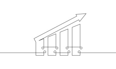Grafiğin sürekli çizimi. Tek sıra iş büyütme sanatı. Artan okun düz simgesi. Bar grafiğinin illüstrasyon vektörü. İşaret sembolünün bir satırına itiraz et
