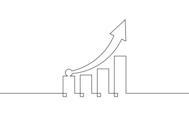 Artan okla sürekli bir çizgi çizerek. İş büyümesi sembolü. Bar tablosunun düz simgesi. Tek sıra sanat. Vektör illüstrasyonu