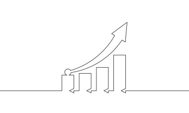 Artan okun aralıksız bir çizgi çizimi. İş büyümesi sembolü. Grafiğin çizim vektörü. Bar tablosunun düz simgesi. Tek satır sanat