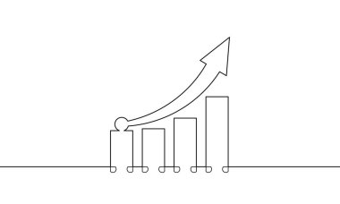 Artan okun aralıksız bir çizgi çizimi. Tek sıra sanat. İş büyümesi sembolü. Bar tablosunun düz simgesi. Grafik çizim vektörü