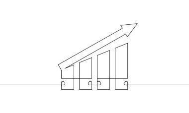 Grafik işi simgesinin sürekli çizimi. Artan okun düz simgesi. Bar çizelgesinin tek satır sanatı. Çizim vektör işareti sembolü