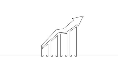 Grafik vektör illüstrasyonunun sürekli çizimi. Artan okun düz simgesi. Bar çizelgesinin tek satır sanatı. Tek sıra iş büyümesine itiraz ediyorum. İşaret sembolü