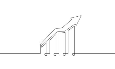Yükselen okun sürekli çizgisi. Vektör çizimi. Grafiğin düz simgesi. Bar çizelgesinin tek satır sanatı. İş büyümesinin simgesi