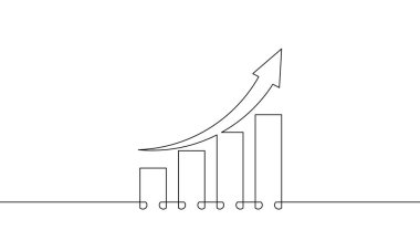 Grafik işareti sembolünün sürekli çizimi. Artan okun düz simgesi. Bar çizelgesinin tek satır sanatı. İş büyümesinin bir yansıması. Nesne bir çizgi