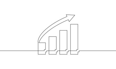 Grafik işareti sembolünün sürekli çizimi. Artan okun düz simgesi. İş büyümesinin bir yansıması. Bar çizelgesinin tek satır sanatı. Nesne bir çizgi