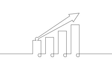 Grafik işareti sembolünün sürekli bir çizgi çizimi. Artan okun düz simgesi. İş büyümesinin bir yansıması. Bar tablosunun tek satır sanatı