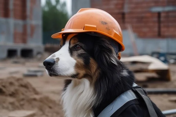 Dog in a helmet of a worker at a construction site
