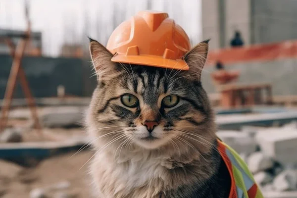 Cat in a helmet of a worker at a construction site