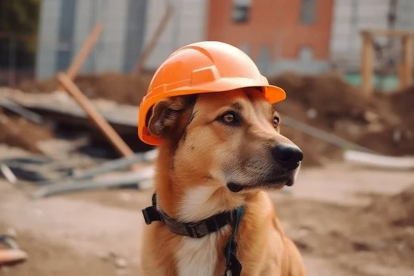 Dog in a helmet of a worker at a construction site