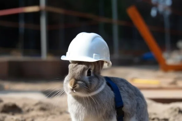 rabbit in a helmet of a worker at a construction site
