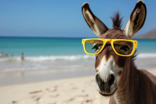 A donkey with glasses on the beach basks in the summer sun on the beach. Animal on warm sand surrounded by sea water