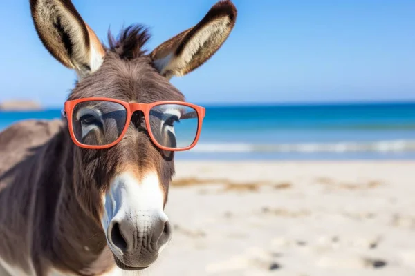 A donkey with glasses on the beach basks in the summer sun on the beach. Animal on warm sand surrounded by sea water
