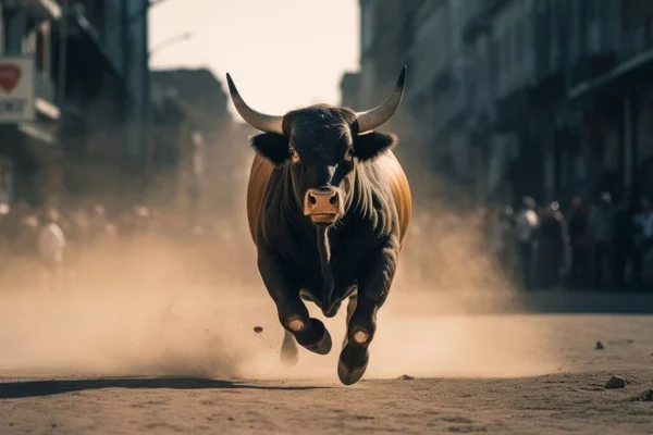 The bull runs at full speed, kicking dust into the air behind him. Bitcoin bull run