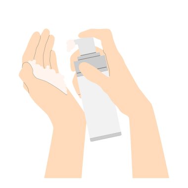 Kozmetik bakımı, prezervatif şişesinden köpük sürmek, beyaz arka planda izole edilmiş vektör. Vektör illüstrasyonu