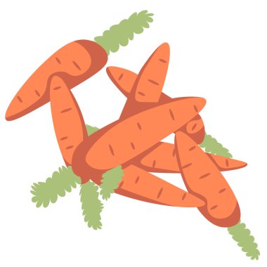 Tavşanın beyaz arka planda sevdiği kuyruklu havuç yığını tasviri. Çevreye yararlı bir ürün. Vektör illüstrasyonu