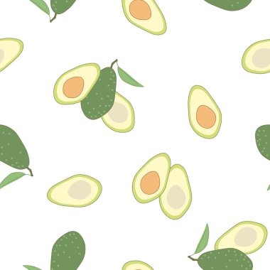 Pit ve kesim ile taze, parlak avokado sebzesi ile desensiz illüstrasyon, beyaz arka planda izole edilmiş vektör. Vektör illüstrasyonu