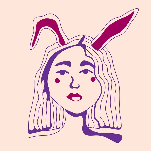 Girl Rabbit Ears Graphic Drawing Woman Bunny Linear Illustration Vector — Stock Vector