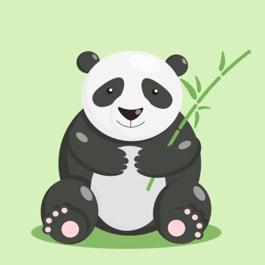 Panda çizgi film karakteri, yeşil arka planda patileriyle oturan ve bambu tutan, izole edilmiş bir vektör. Vektör illüstrasyonu