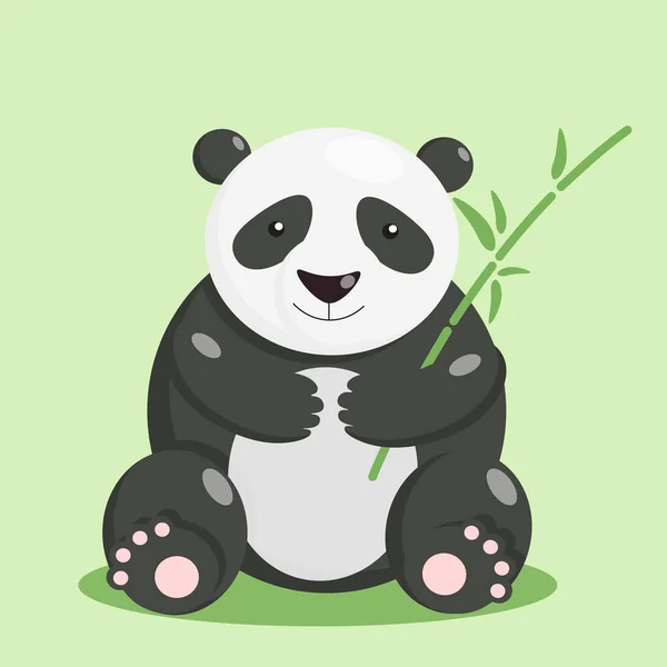 パンダの漫画のキャラクターに座って 影と緑の背景に芝生の中で竹を保持 ベクトル孤立した ベクターイラスト — ストックベクタ