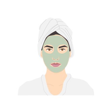 Kozmetik yüz bakımı, yüzüne yeşil maske takan gülümseyen bir kadın iyi cilt durumu ve nemlendirici, beyaz arka planda izole edilmiş bir vektör. Vektör illüstrasyonu