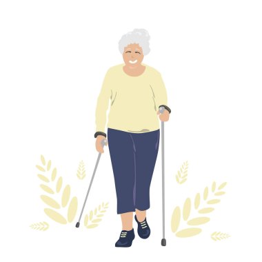 Yaşlı kadın İskandinav yürüyüşü yapıyor, gri saçlı yaşlı adam spor kıyafetleriyle spor yapıyor. Kullanışlı aktif canlandırma, beyaz arka planda düz vektör çizimi. Vektör illüstrasyonu