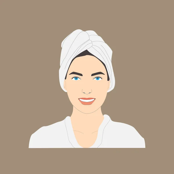 Cosmetic Face Care Smiling Woman Towel Her Head Bathrobe Has — Stock Vector