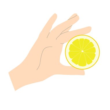 Beyaz arka planda izole edilmiş vektör, şekilleri vurgulamak için çizgileri olan minimalist tarzda bir limonu tutan kadın el. Vektör illüstrasyonu