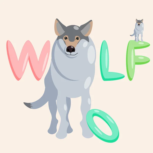 Personnage Loup Dessin Animé Nature Éducative Avec Nom Animal Illustration — Image vectorielle