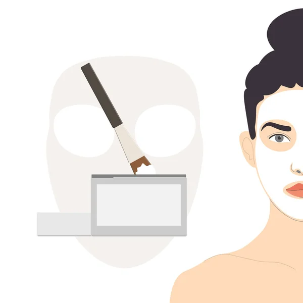 面部护理 脸上绑着头发和白色面具的妇女 化妆品罐和涂抹棒 白色背景上隔离的病媒 矢量说明 — 图库矢量图片