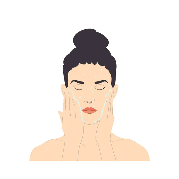 面部护理 头发扎紧 闭眼的女人用水洗脸 白色背景上的病媒隔离 矢量说明 — 图库矢量图片