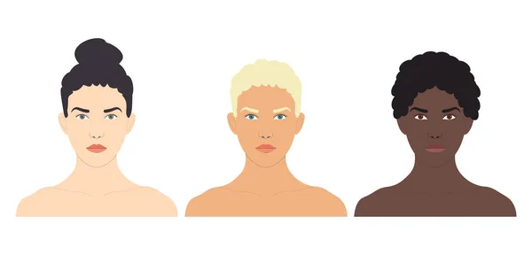 Trois Femmes Couleur Différente Peau Les Cheveux Les Yeux Ils — Image vectorielle